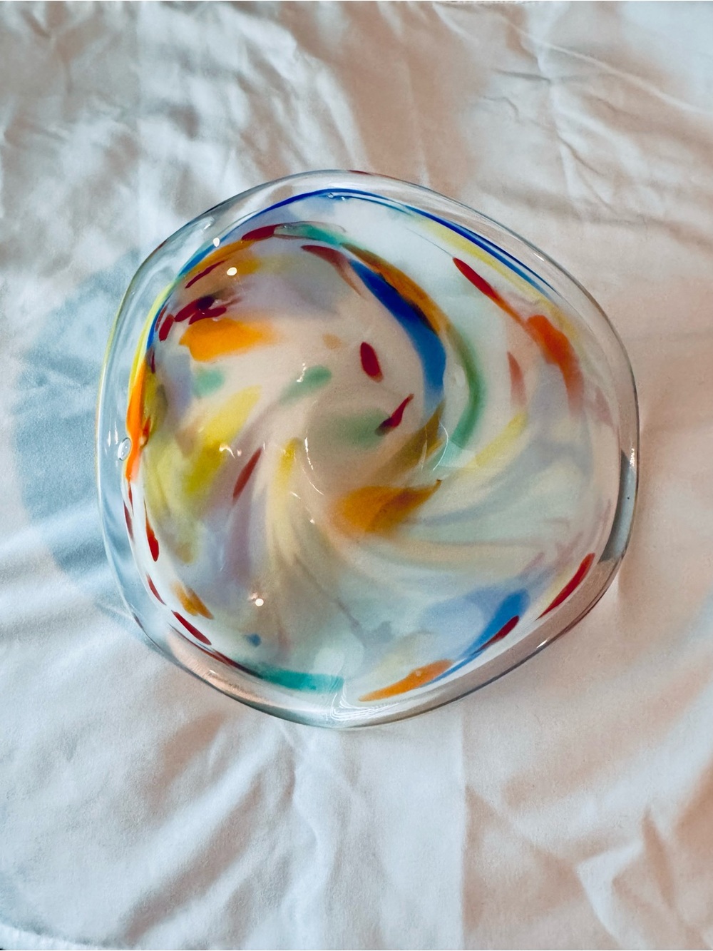 Vintage Hand-Blown White Glass Art Bowl with Multicolor Swirl